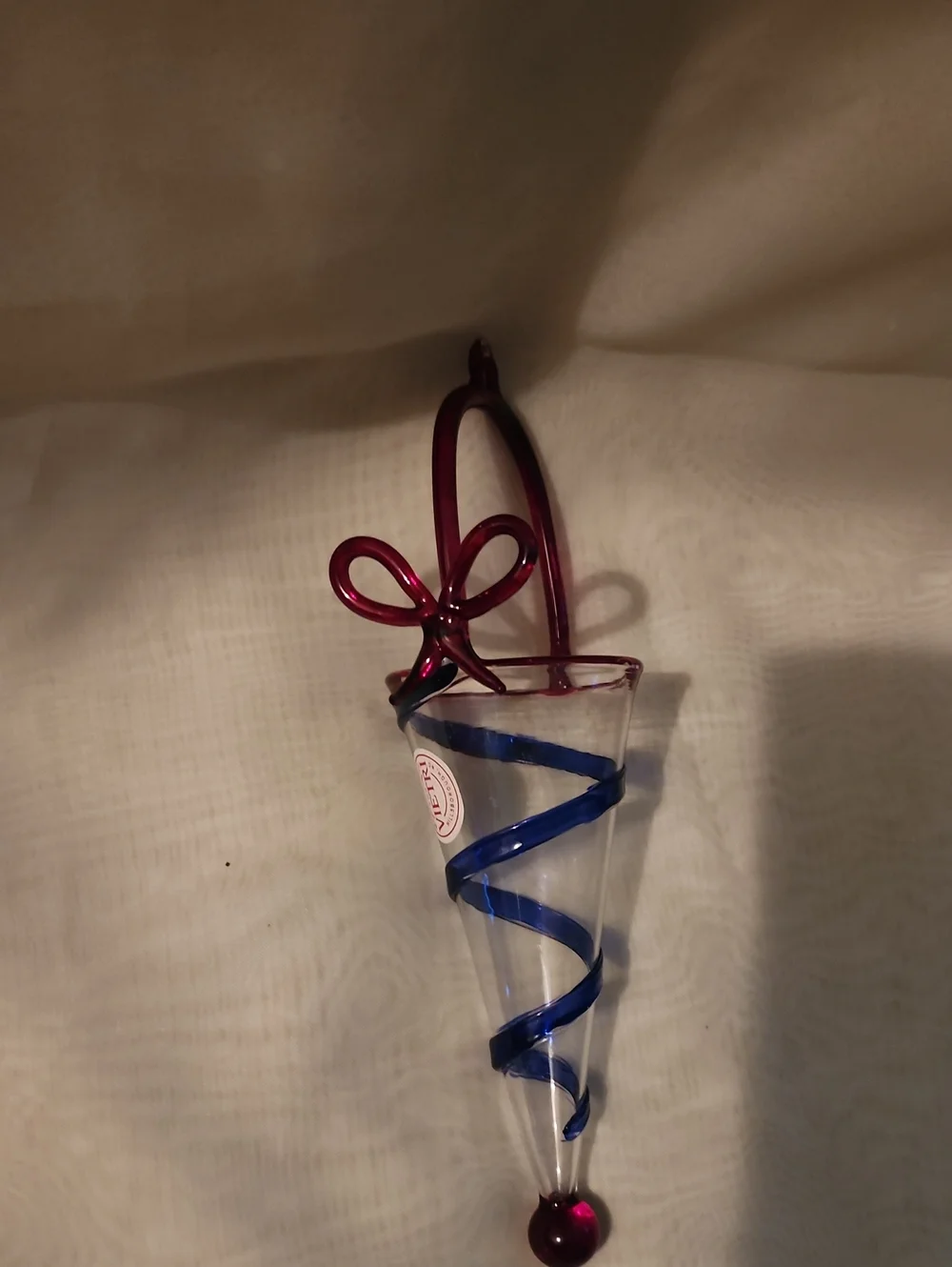 Vietri Italy Hand Blown Art Glass Cone Ornament Blue Swirl Red Bow Holiday